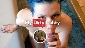 Brunette beauty deepthroats oversized cock in amateur blowjob