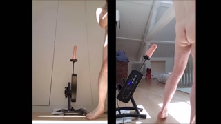 Fucked hard and fast, standing up, by his machine - double dildo, double view