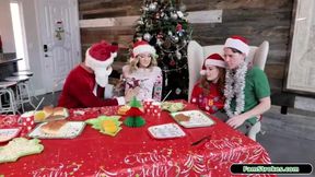 Stepdad santa had a bit too much to d. and starts rubbing his stepdaughters pussy ifo stepmom and stepson.She wants a piece as well and grabs her stepsons cock.Shes licked while stepdad gets sucked