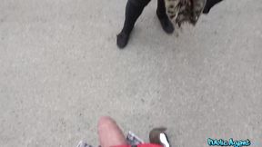 Large-titted babe rides cock reverse cowgirl in public