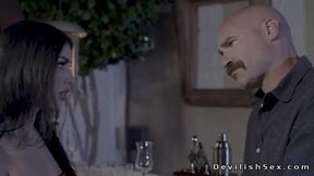 Beautiful wife Queenie Sateen gives a blowjob to her big-dicked husband Charles Dera