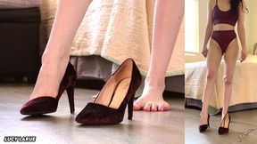 trying on new velvet red thrift store heels bts splitscreen