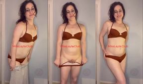 Transwoman teases with her ladycock and flops her bikini while smiling for you