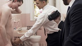 Ultra-Super-Cute Curly Youngster Mel Grey Gets Astonished And Plowed By 2 Fuck-Sticks In The Bathroom - Missionary Dudes