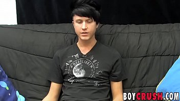 Young gay man jerks off his giant dick during an interview