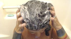 Super lathery long black hair washing