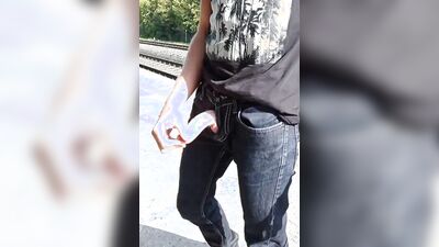 Perverted Russian dude is jerking his hard prick in public