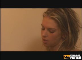Two busty babes enjoy licking their shaved cunts in the bathroom