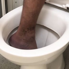 Foot in toilet and flush my foot (feet in toilet) (barefoot in toilet)