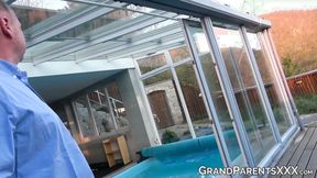 ”Lustful grandpa has his big massive shaft sucked by two hot babes”