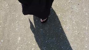 Outdoor in a Black Caftan and Barefoot in Black Birkenstocks