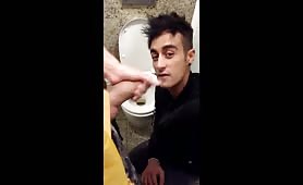 Str8 guy waiting for someone to come and swallow his cum in public toilet