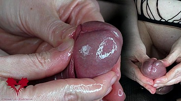 Instruction video for milking pre-ejaculate. Close-up of delaying and ruining the orgasm.