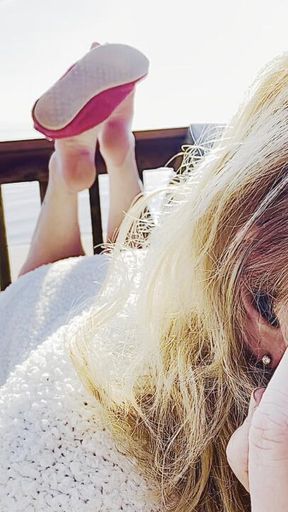 Toms Shoe Dangle to Barefoot Tease at the Beach with Waves and Sunshine