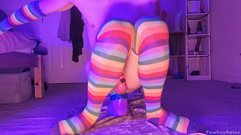 Cute skinny femboy Raine bouncing on two XL dildo toys