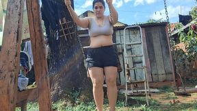 Standing on the Wooden Swing: Full Body View