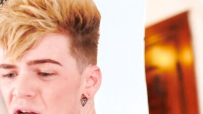 Young blond twink chokes on a fat dick and gets banged