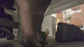 Under the Desk POV: Distracted Manager Removing Loafers and Nylons while Typing (No Face)