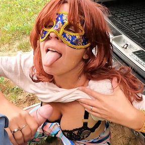 Beautiful redhead MILF sucks son in law&#039;s cock outdoors to make him cum on her natural tits