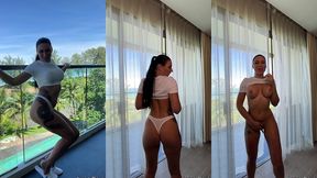 morning balcony pleasure with sun, sea and self touch