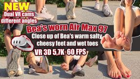VR 3D 5,7K 180 60 fps | Hot Bea dual VR cams different angles Â– wrecked Nike Air Max 97 barefoot removal, extreme cheesy sweaty feet from two intense views, toes super close in both perspectives