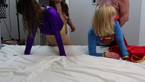 sgbg2-2) batgirl (monica sexxxton) and supergirl (karlee paige) in a girl-girl strap-on pussy eating doggystyle foursome