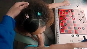 Curly-haired Bimbo Pleasures Lucky Dude In The Living Room With Kira Perez And Jimmy Michaels