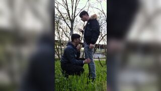 2 torrid fellows with fat cocks smoking, jerking and deep-throating outdoors