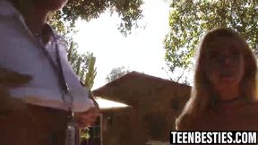 Tattooed teen besties lick each other's pussy in outdoor lesbian orgy