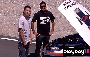 Naked badass asian babe and her GFs jump into race cars for a wild ride