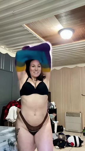 My 55f lesbian roommate got a surprise video of me bouncing my big tits in many sweaters then fucking myself hard for her