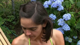 Horny hairy chick sunbathes and masturbates with her vibrating hair brush.