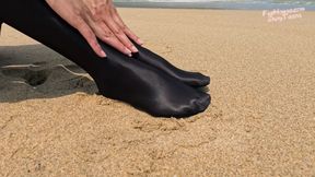 863 Shiny Black Stockings on the Beach