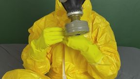 new yellow hazmat suit and gas mask