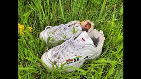 Fuck nature, burning old Fila sneakers from girl