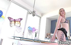 Latina TS with pierced nipples dives into a teens pussy