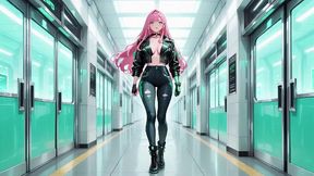 ai-generated- pink-haired leather tech! private vibes in a neon-lit cyber corridor.