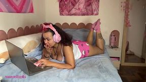 Chubby Girl Farting on Bed During Business Call with Boss