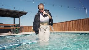 Presley Takes a Dip Wearing Pants, a Crop Top and a Jacket