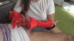 Sensitive handjob with red satin gloves and punish him b