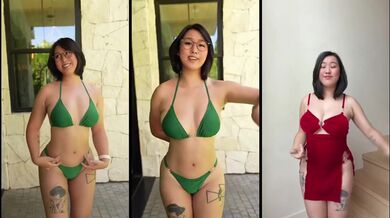 Thick Asian egirl solo cum dripping on her micro bikini