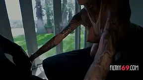 Busty blonde tattooed babe gives BBC a penetrating throat and oily massage