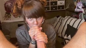 Cute nerdy girl with dreadlocks gags on huge cock in deepthroat POV