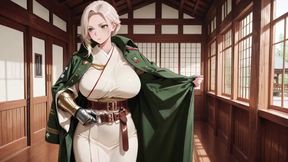 Blonde Knight's Afternoon! Green Uniform Golden Mechanical Arms, Lazily Contemplating in Ancient Stone Ruins.
