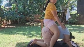 The little hair became a human piece of furniture