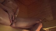 Sweaty dude jerking off in sauna and eats his own cum out of the condom