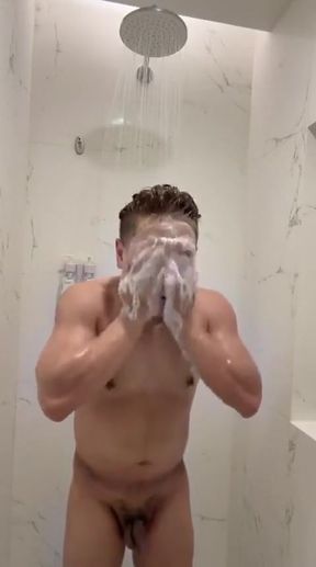 Filipino Muscle Twink Strokes His Hard Cock in Hotel Shower Until He Explodes