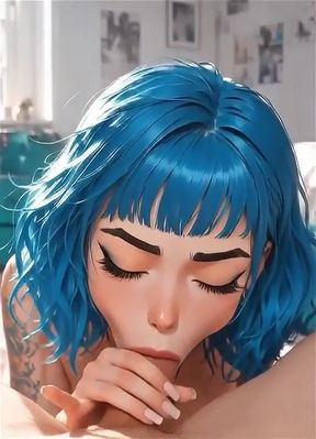 Alternative blue-haired AI girl gives a blowjob and gets cum in her mouth