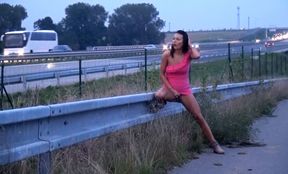 Public Pissing On The Highway For Sexy Brunette