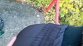 Brunette in funny panties blows cock outdoors
